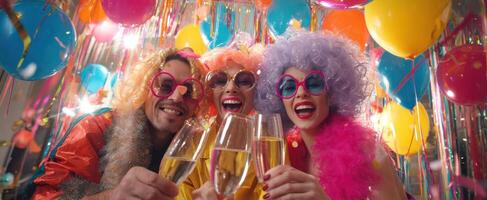 The cheerful friends celebrating with drinks at a vibrant party event. photo
