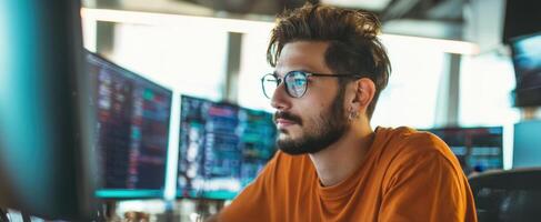 The focused man analyzing stock market data on multiple screens. photo