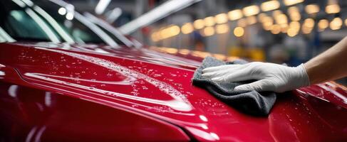 The meticulous hand polishing a red car in a professional detailing workshop. photo