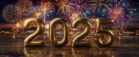 The vibrant 2025 celebration illuminated by stunning fireworks display. photo