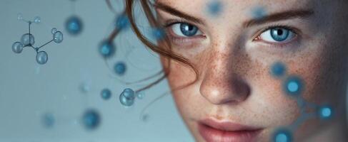 The captivating face of a young woman surrounded by molecular structures. photo