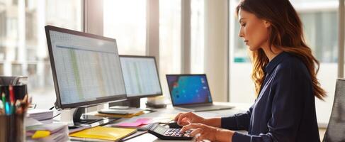 The professional woman working diligently on calculations at her desk. photo