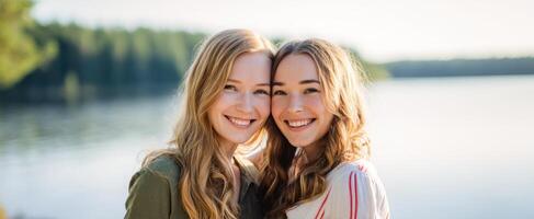 The joyful friendship of two young women by a tranquil lake. photo