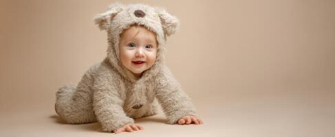 The adorable baby crawling in a cute bear costume on a soft background. photo
