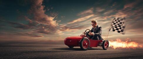 The vibrant racing car with a stylish driver embracing the thrill of speed. photo