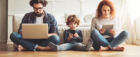 The modern family engaged in digital activities at home together. photo