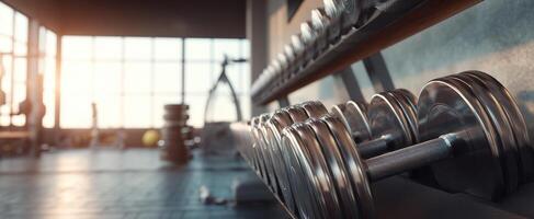 The bright gym with dumbbells reflecting a healthy lifestyle. photo