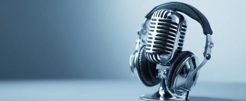 The vintage microphone with stylish headphones on a blue background. photo