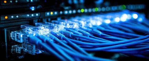 The interconnected blue network cables glowing in a server environment. photo