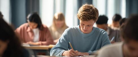 The focused student writing diligently in a classroom during an exam setting. photo