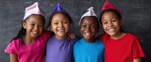 The joyful group of children celebrating together with colorful hats and smiles. photo