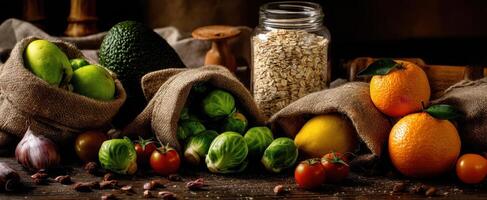 The vibrant arrangement of fresh vegetables and fruits in rustic packaging. photo