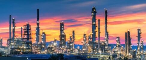 The impressive oil refinery illuminated against a vibrant sunset sky. photo