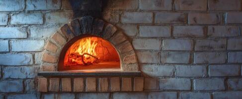 The rustic oven glowing with warm flames ready for cooking. photo