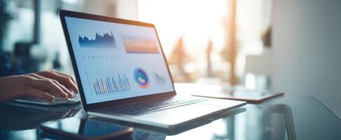 The laptop displaying intricate data visualizations in a modern office setting. photo