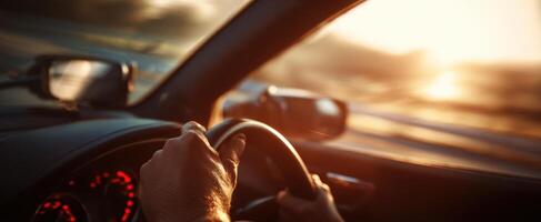 The driver navigating through a scenic sunset on an open road. photo