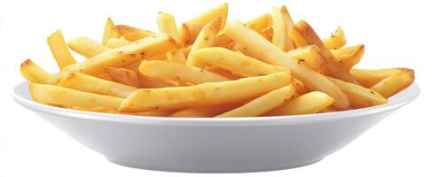 The delicious golden fries served in a white platter ready to enjoy. photo