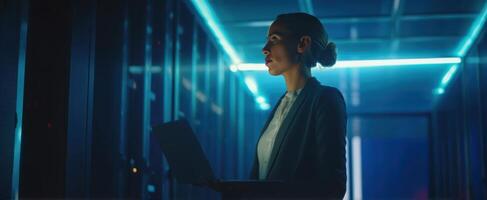 The focused woman analyzing data in a high-tech server room. photo