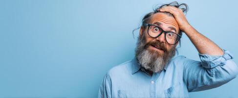 The confused man expressing surprise with a light-hearted gesture against a blue background. photo