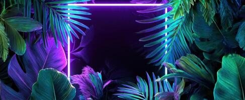 The Neon-Illuminated Frame Surrounded by Lush Tropical Foliage. photo