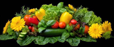 The Vibrant Arrangement of Fresh Vegetables and Flowers on a Black Background photo
