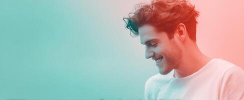 The smiling man enjoying a peaceful moment in a colorful atmosphere. photo