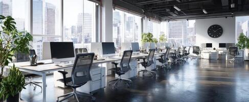 The modern office space with expansive city views and a sleek design. photo
