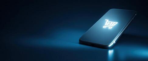 The smartphone displaying a glowing shopping cart icon on a dark background. photo