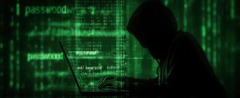 The hacker working in the dark with a laptop and green binary code. photo