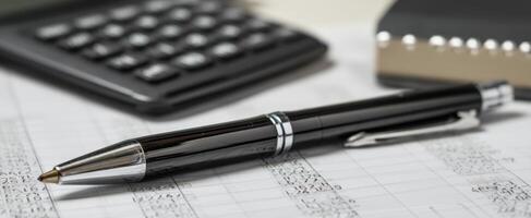 The pen rests on financial documents next to a calculator and notebook. photo