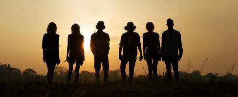 The silhouettes of friends standing together against a stunning sunset backdrop. photo