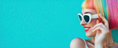 The woman with rainbow hair and sunglasses against a vibrant background. photo