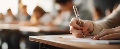 A person writing on a piece of paper in a classroom photo