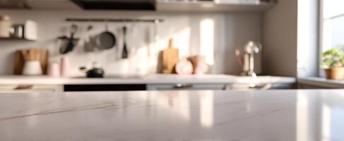 The modern kitchen countertop with natural light enhancing its elegant design. photo