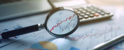 The magnifying glass focusing on financial growth trends in business analysis. photo