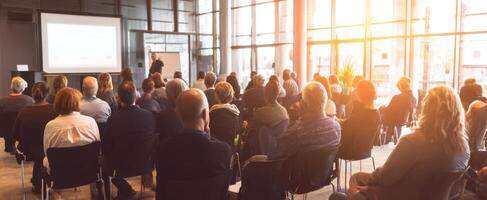 The engaged audience during a dynamic business presentation in a modern setting. photo
