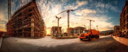 The bustling construction site at sunset with cranes and workers in action. photo