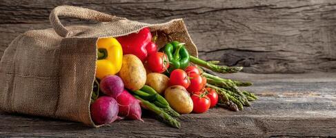 The vibrant assortment of fresh vegetables spilling from a burlap bag. photo