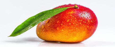 The succulent mango with a fresh green leaf glistening with water droplets. photo