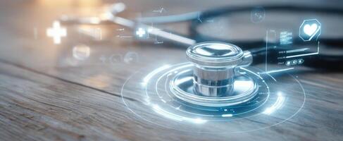 The stethoscope with digital health indicators on a wooden surface. photo
