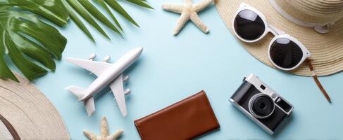 The colorful travel essentials for a perfect summer vacation. photo