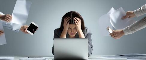 The overwhelmed woman facing work stress and distractions in a busy office environment. photo