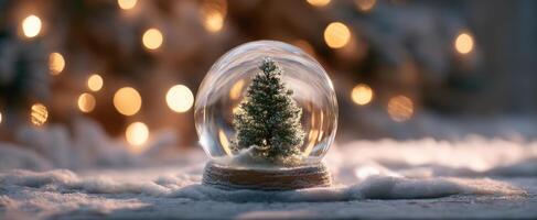 The Snow Globe Showcasing a Beautiful Christmas Tree Surrounded by Glimmering Lights photo