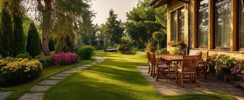 The beautiful garden showcasing a serene outdoor dining experience. photo