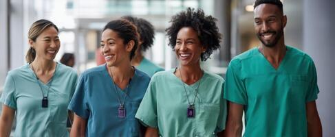 The cheerful healthcare professionals enjoying a moment of togetherness in a hospital setting. photo