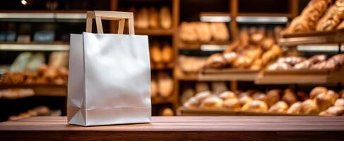 The white bag sitting on a wooden counter in a bakery filled with fresh bread. photo