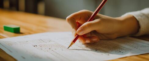 The focused hand writing answers on an examination sheet with a pencil. photo