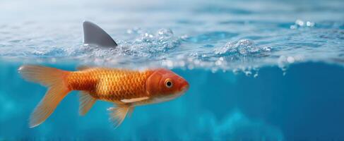 The Goldfish Swimming Beneath the Surface with a Shark Fin Approaching photo
