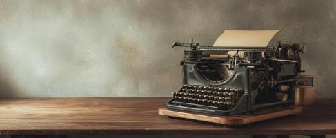 The vintage typewriter on a wooden desk evokes a sense of nostalgia and creativity. photo