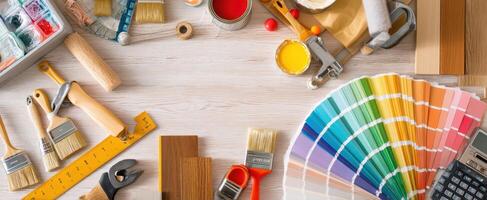 The organized workspace of a creative painter with colorful supplies and tools. photo